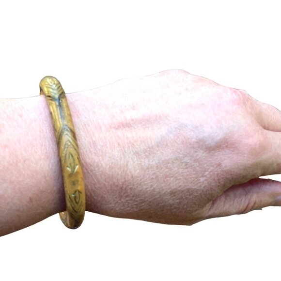 Unique Antique Engraved Amber Bangle Bracelet "Japanned" Gilded - Picture 4 of 11